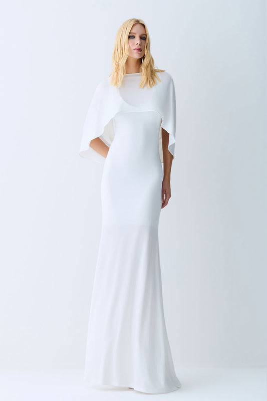VESTIDO LONGO DECOTE V ABERTURA COSTAS E CAPA OFF WHITE