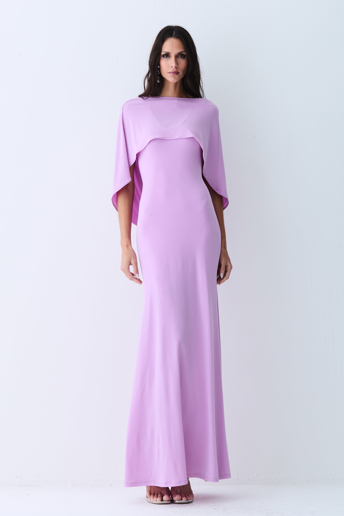 VESTIDO LONGO DECOTE V ABERTURA COSTAS E CAPA ORQUIDEA