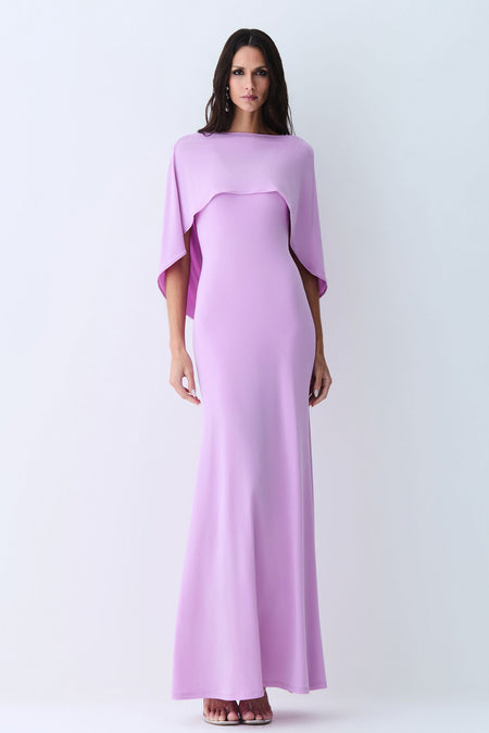 VESTIDO LONGO DECOTE V ABERTURA COSTAS E CAPA ORQUIDEA