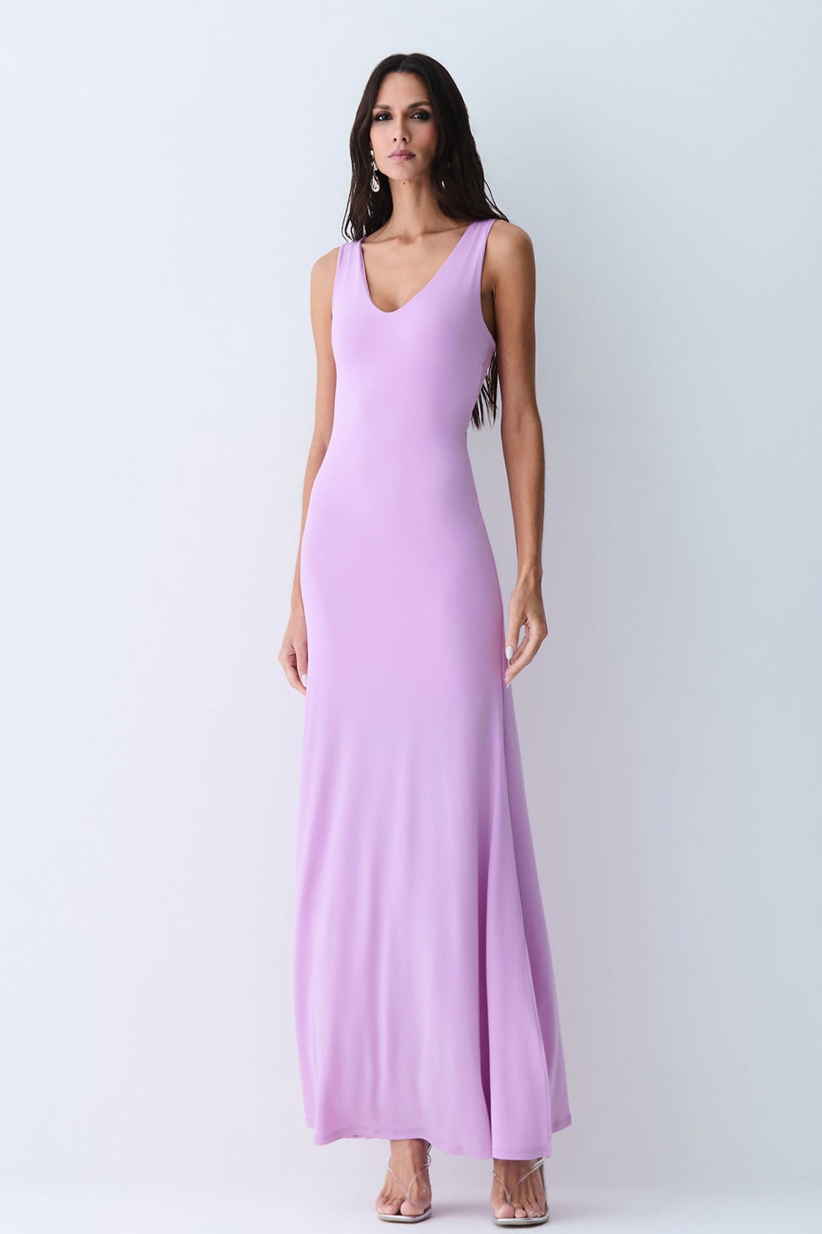 VESTIDO LONGO DECOTE V ABERTURA COSTAS E CAPA ORQUIDEA