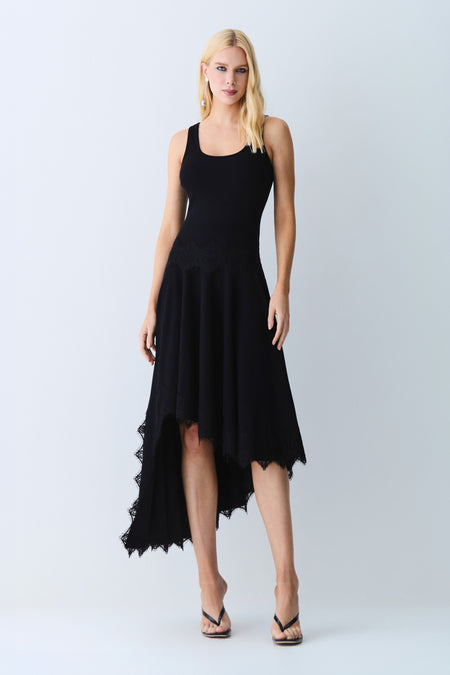 VESTIDO MIDI REGATA BARRA ASSIMETRICA DETALHES RENDA PRETO