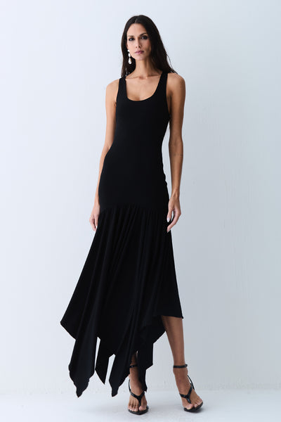 VESTIDO MIDI ABERTURA NAS COSTAS E ASSIMETRIA NA SAIA PRETO
