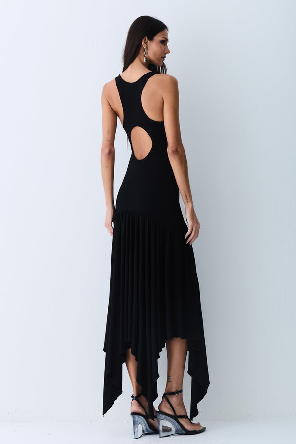 VESTIDO MIDI ABERTURA NAS COSTAS E ASSIMETRIA NA SAIA PRETO
