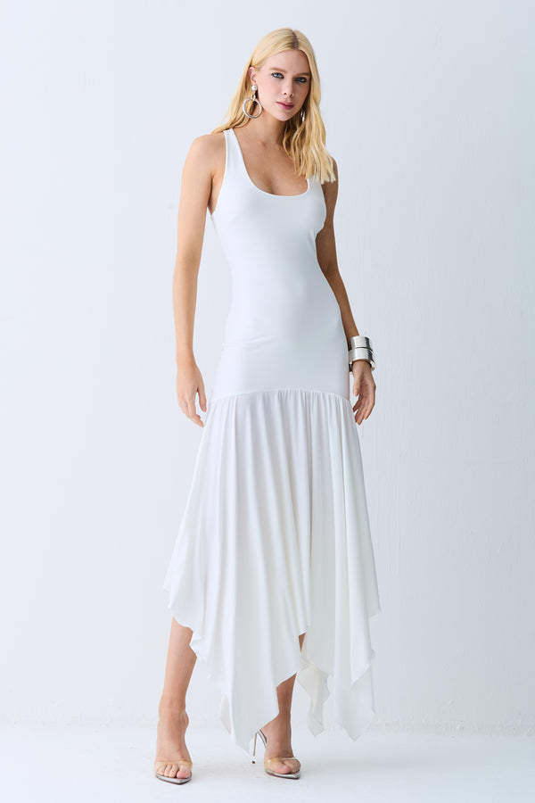 VESTIDO MIDI ABERTURA NAS COSTAS E ASSIMETRIA NA SAIA OFF WHITE
