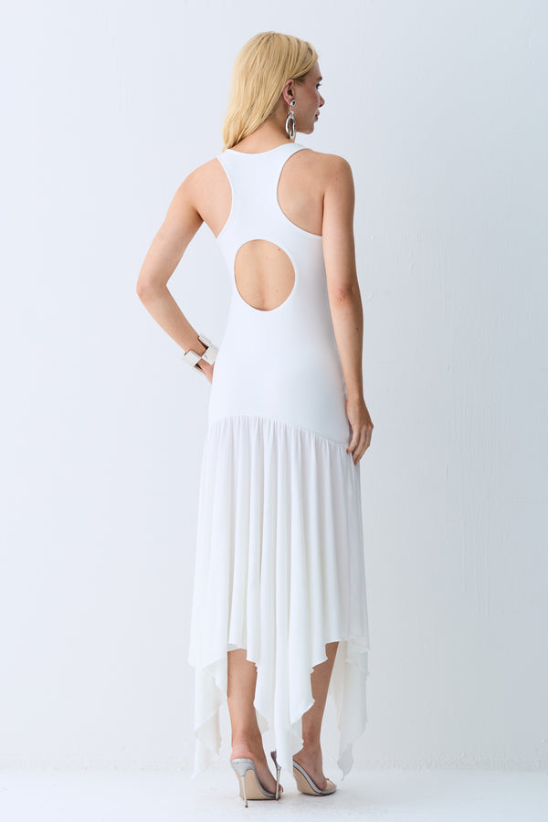 VESTIDO MIDI ABERTURA NAS COSTAS E ASSIMETRIA NA SAIA OFF WHITE