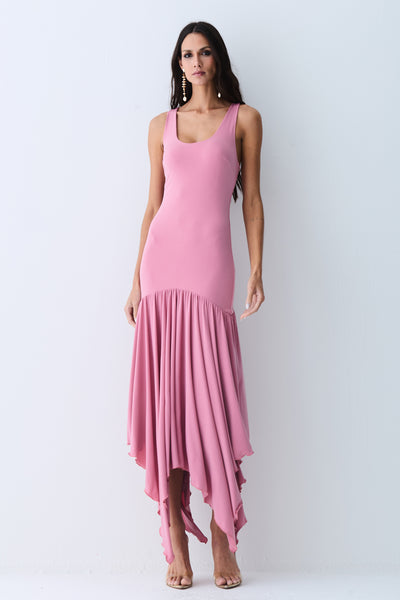 VESTIDO MIDI ABERTURA NAS COSTAS E ASSIMETRIA NA SAIA ROSA ANTIGO