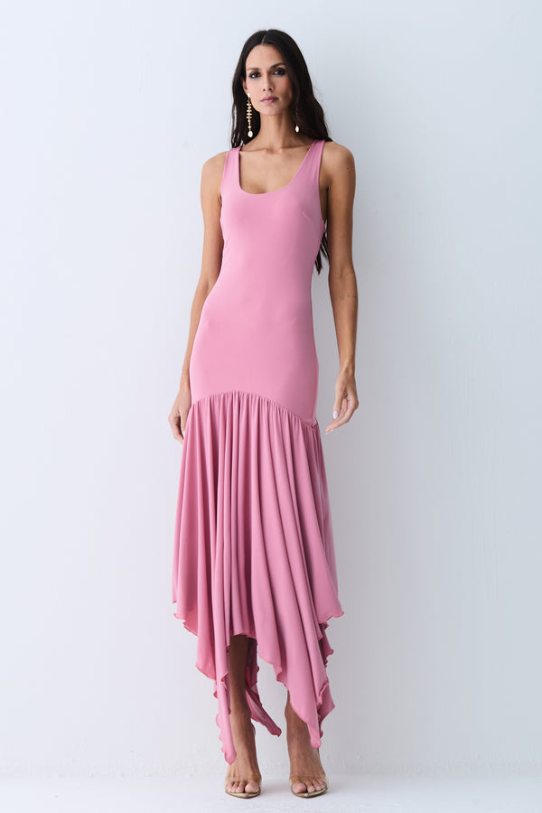 VESTIDO MIDI ABERTURA NAS COSTAS E ASSIMETRIA NA SAIA ROSA ANTIGO