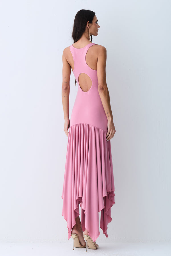 VESTIDO MIDI ABERTURA NAS COSTAS E ASSIMETRIA NA SAIA ROSA ANTIGO