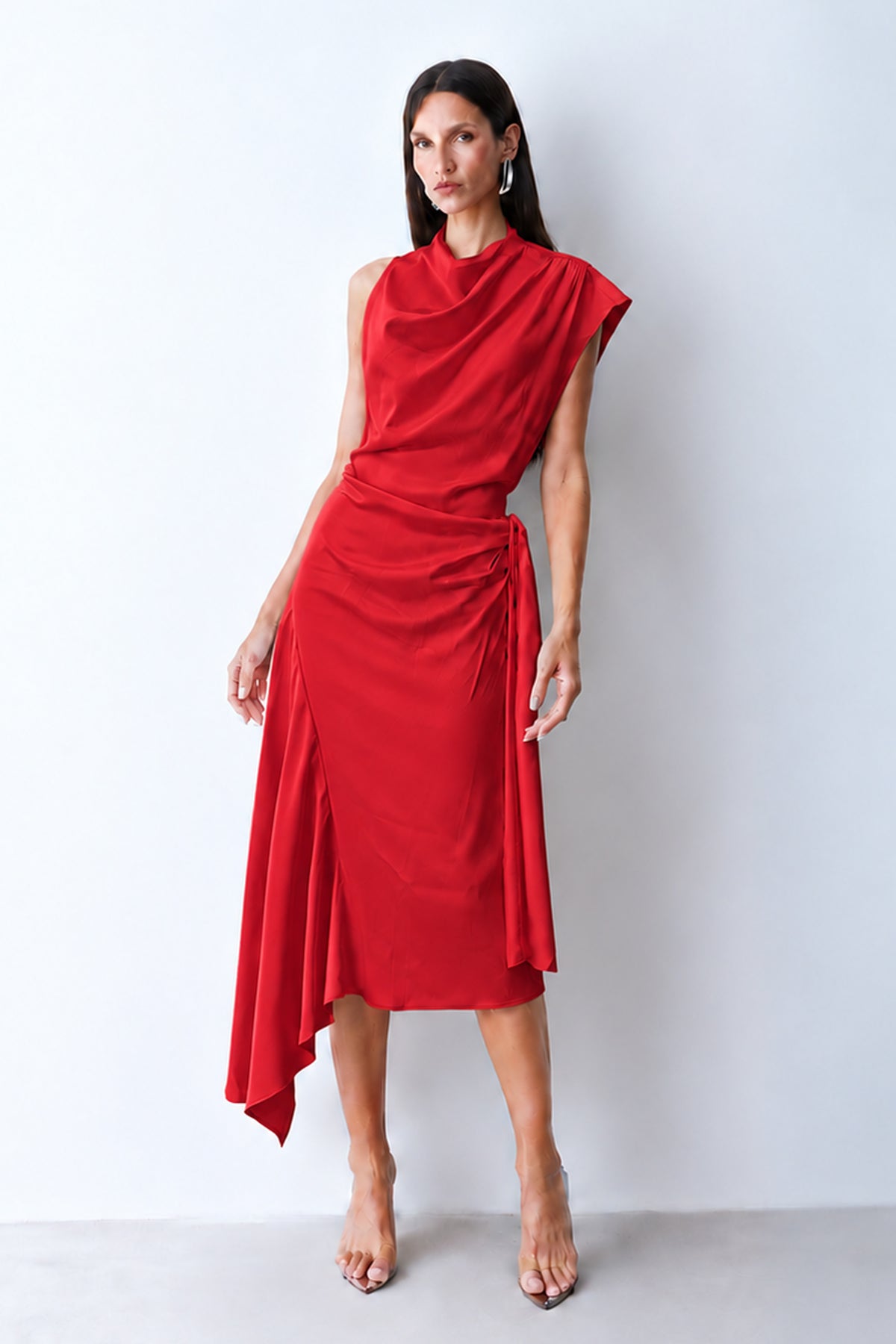 VESTIDO MIDI BARRA ASSIMETRICA CAIMENTO GOLA E DECOTE VERMELHO