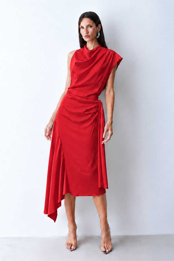 VESTIDO MIDI BARRA ASSIMETRICA CAIMENTO GOLA E DECOTE VERMELHO