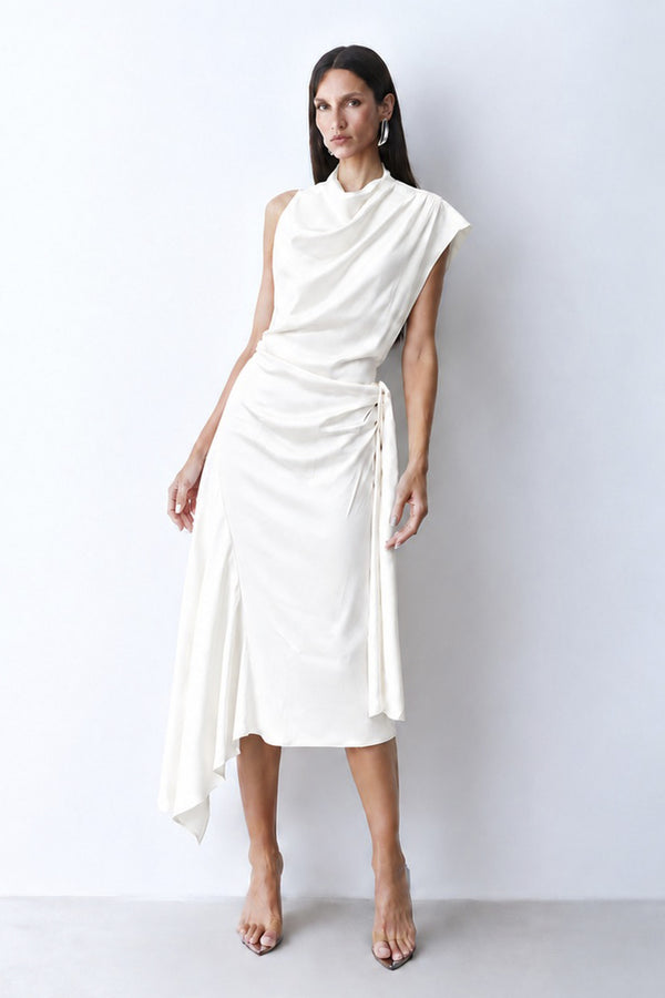 VESTIDO MIDI BARRA ASSIMETRICA CAIMENTO GOLA E DECOTE OFF WHITE