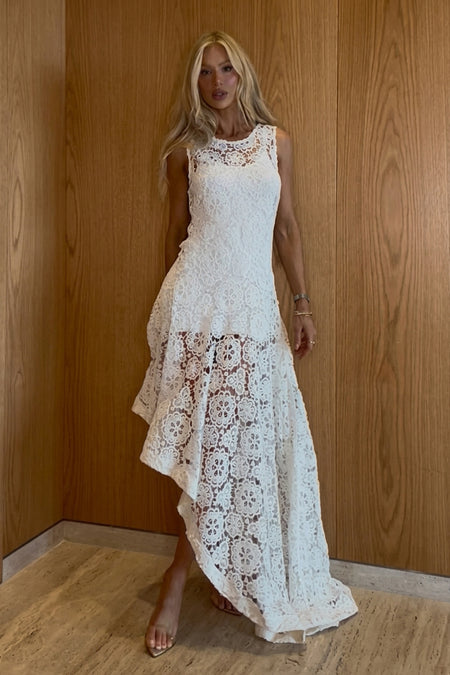VESTIDO MIDI BARRA ASSIMTRICA EM TRICOT OFF WHITE