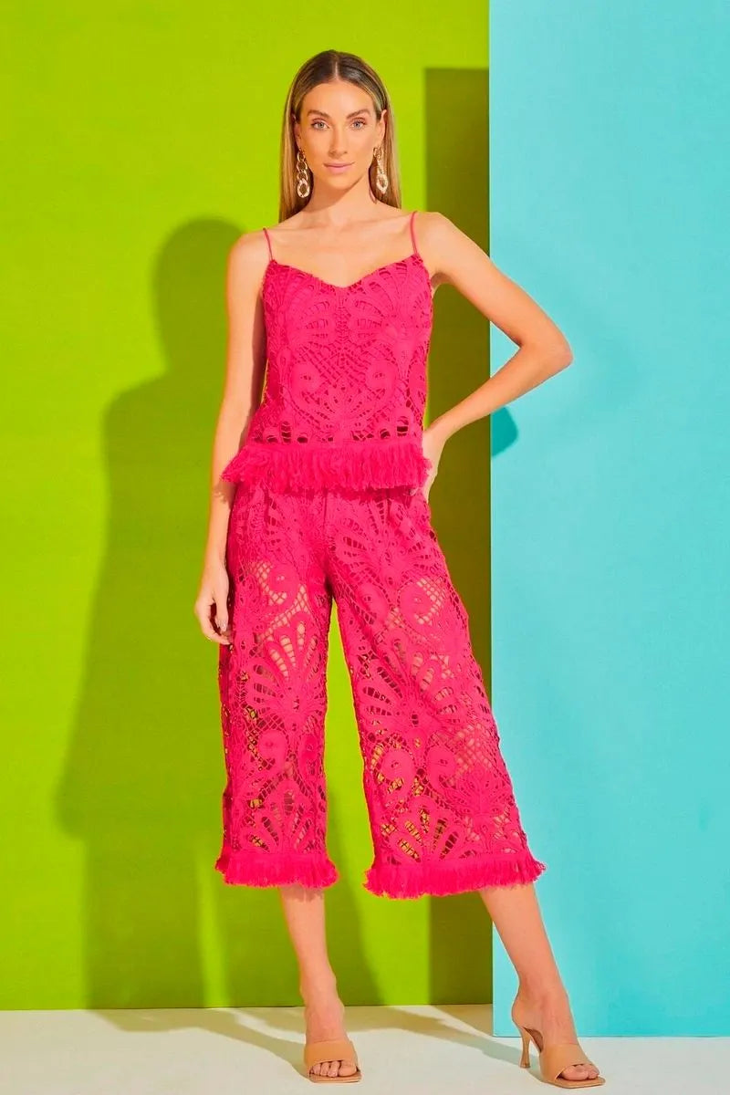 CALÇA PANTACOURT DE RENDA COM FRANJAS ROSA PINK