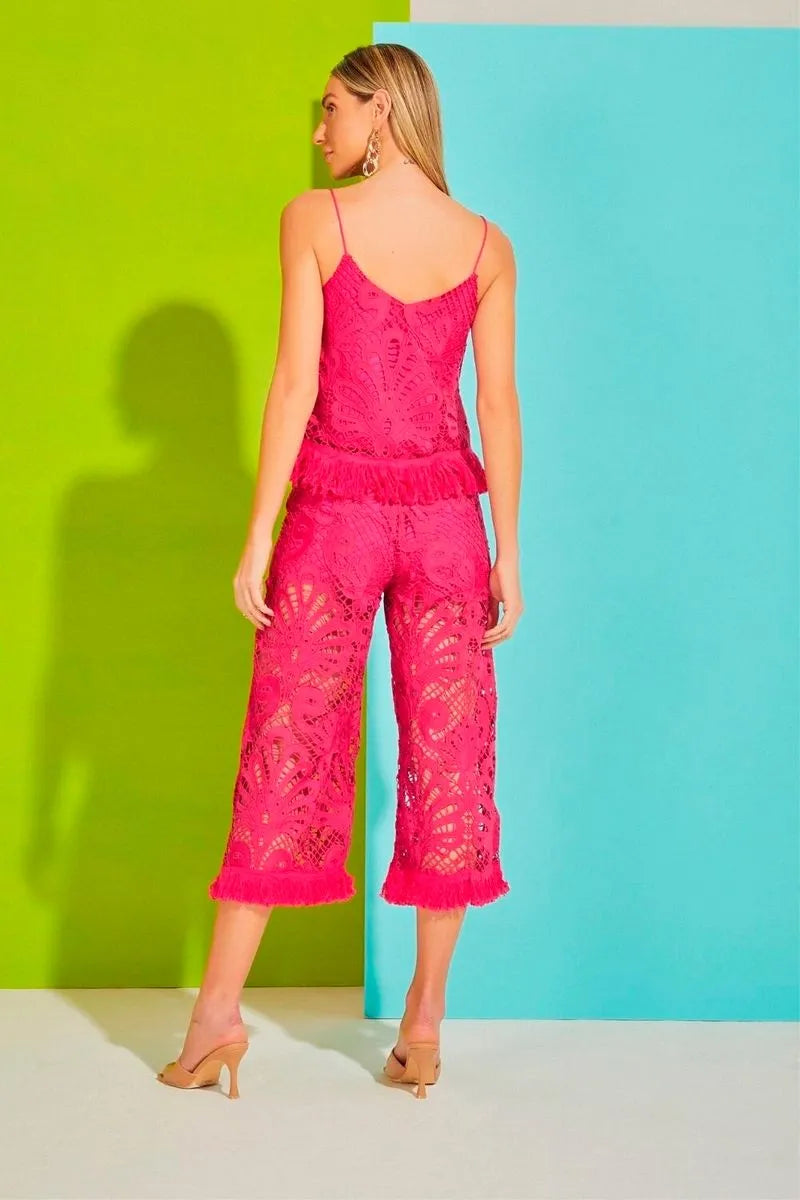 CALÇA PANTACOURT DE RENDA COM FRANJAS ROSA PINK