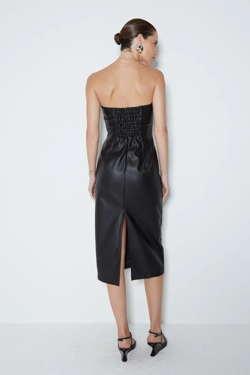 VESTIDO MIDI TOMARA QUE CAIA  EM POLIURETANO PRETO