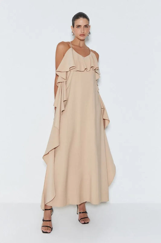 VESTIDO LONGO COM BABADO E DECOTE V KAKI CLARO