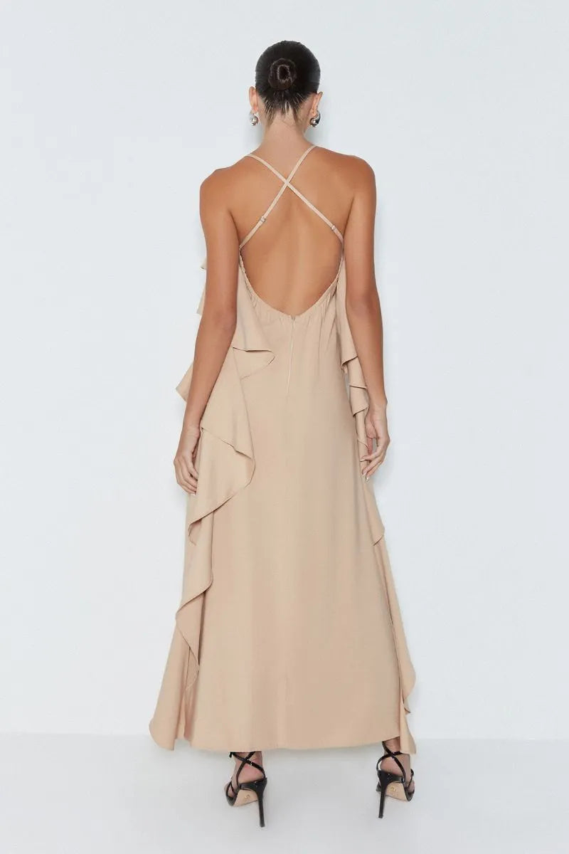 VESTIDO LONGO COM BABADO E DECOTE V KAKI CLARO