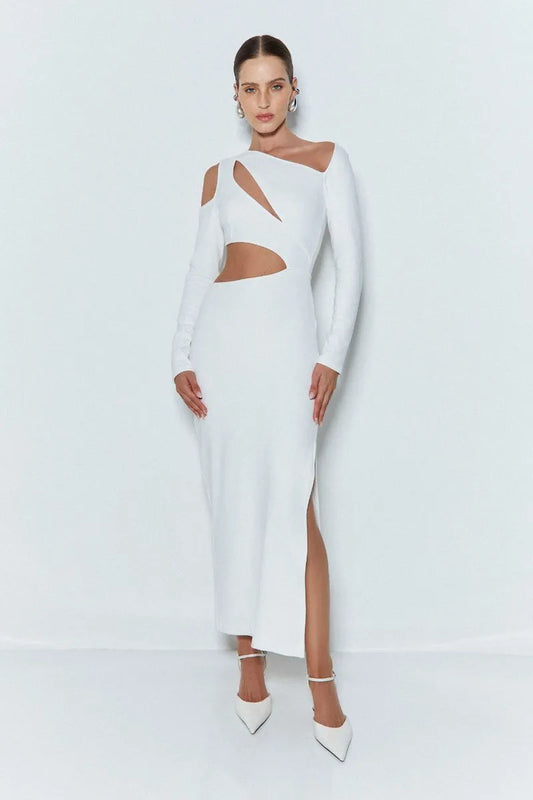 VESTIDO MIDI COM RECORTES E MANGA LONGA OFF WHITE