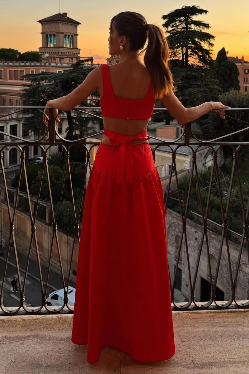 VESTIDO LONGO SAIA RODADA COM AMARRAÇÃO COSTAS VERMELHO TOMATE
