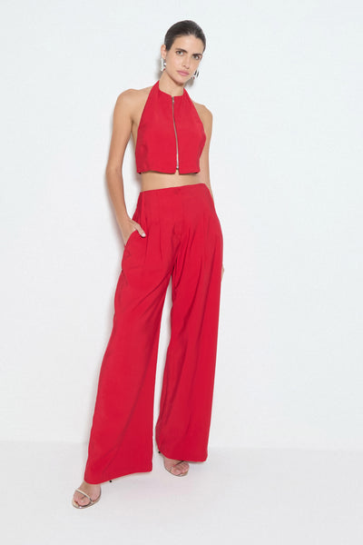 CALÇA PANTALONA COM PREGAS E BARBATANA NA CINTURA VERMELHO RUBI