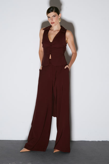 CALÇA PANTALONA ALFAIATARIA COM COS TRASNPASSADO VINHO