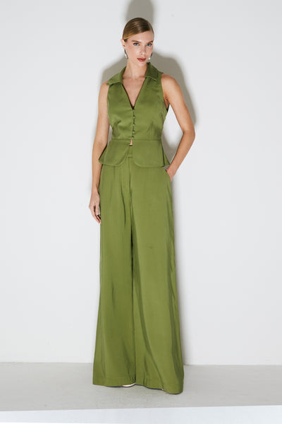 CALÇA PANTALONA ALFAIATARIA COM COS TRASNPASSADO VERDE MOSS