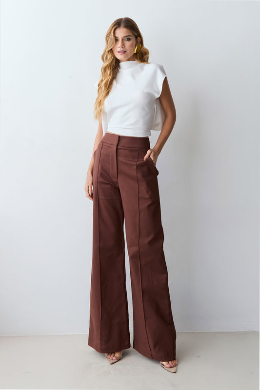 CALÇA PANTALONA ESTRUTURADA COM FRISOS PRETO MARROM ESCURO