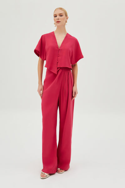 CALÇA PANTALONA COM DRAPEADOS LATERAIS ROSA MAGENTA