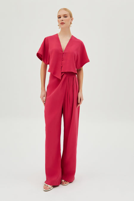 CALÇA PANTALONA COM DRAPEADOS LATERAIS ROSA MAGENTA