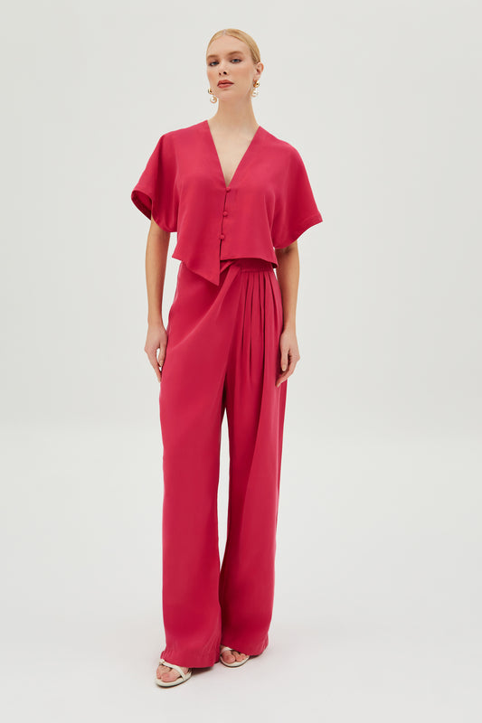 CALÇA PANTALONA COM DRAPEADOS LATERAIS ROSA MAGENTA