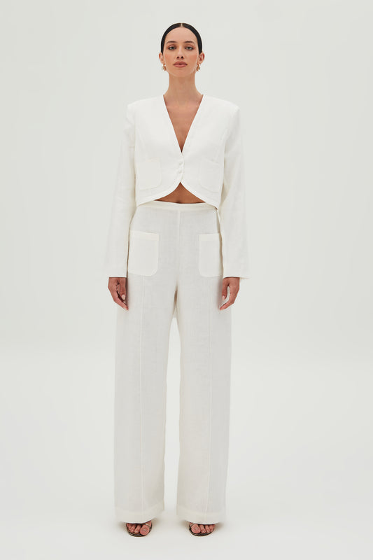 CALÇA RETA COM FRISOS E BOLSOS FRONTAL BRANCO