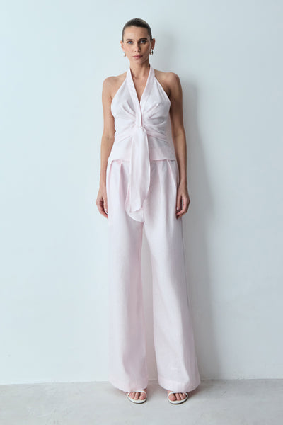 CALÇA RETA COM PREGAS FRONTAL EM LINHO ROSA CELESTIAL