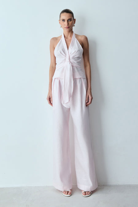 CALÇA RETA COM PREGAS FRONTAL EM LINHO ROSA CELESTIAL