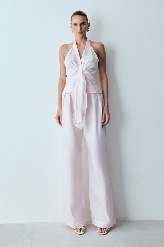 CALÇA RETA COM PREGAS FRONTAL EM LINHO ROSA CELESTIAL
