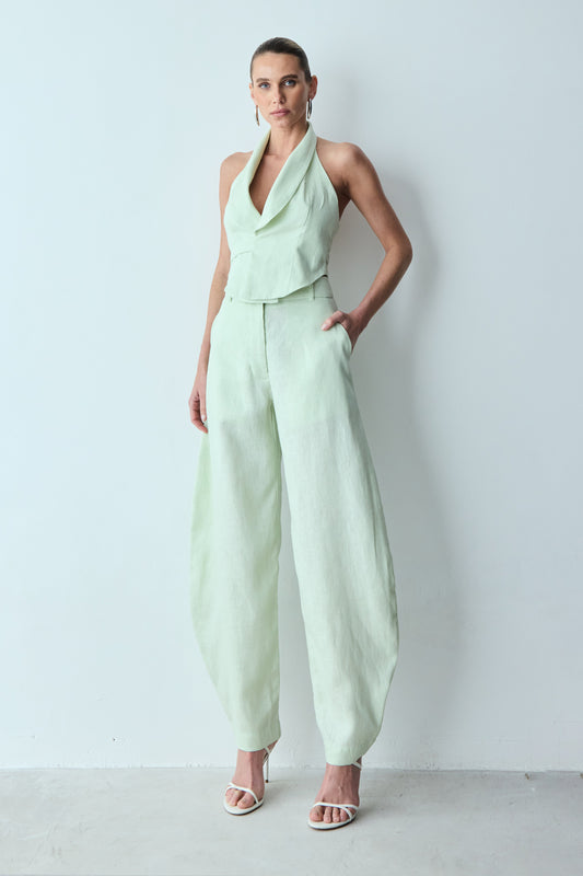 CALÇA BARREL EM LINHO VERDE MENTA