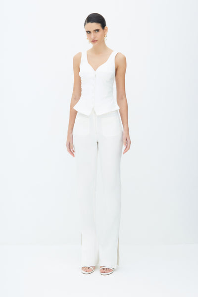 CALÇA RETA COM BOLSOS FRONTAL E ABERTURA NA BARRA OFF WHITE