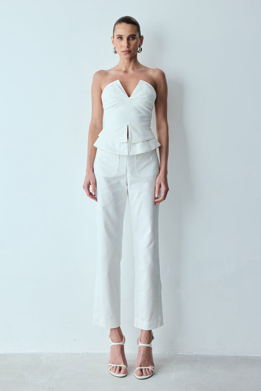 CALCA RETA BOLSOS FRONTAIS E ABERTURA BARRA OFF WHITE