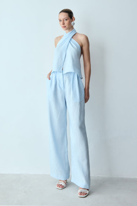 CALÇA RETA CINTURA ALTA COM PREGA FRONTAL AZUL POLAR