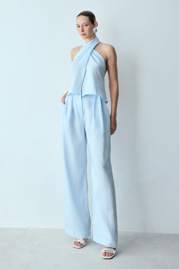 BLUSA TORÇÃO HALTER EM LINHO AZUL POLAR