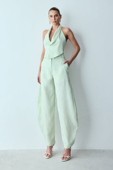 CALÇA BARREL EM LINHO VERDE MENTA