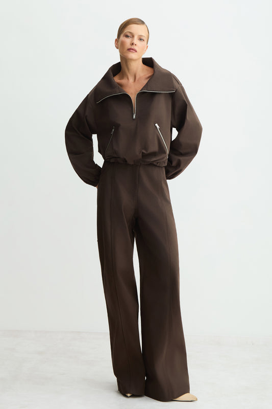 CALCA PANTALONA COSTURA PESPONTADA BOLSO AMPLO COSTAS MARROM DARK