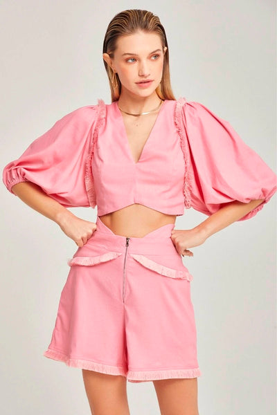 CROPPED MANGA LONGA BUFANTE COM FRANJAS PINK