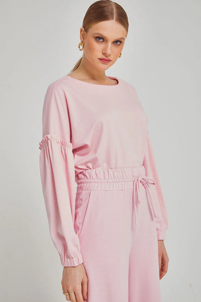 BLUSA MANGA LONGA COM BABADO NA MANGA ROSA