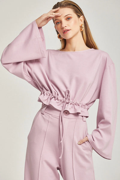 CROPPED MANGA LONGA AMPLA COM AMARRAÇÃO NA CINTURA LILAS