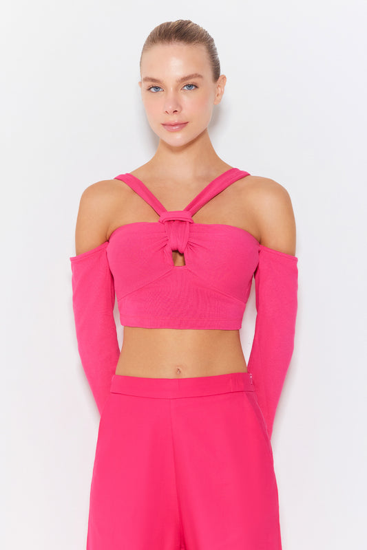 CROPPED MANGA LONGA  COM NO NO BUSTO PINK