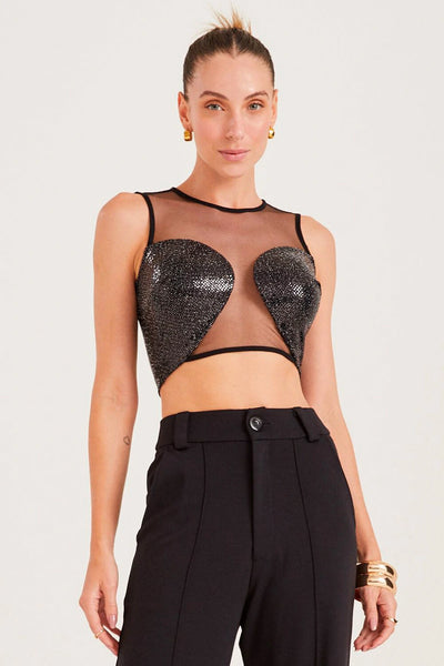 CROPPED REGATA DE PAETÊ COM TRANSPARÊNCIA PRETO