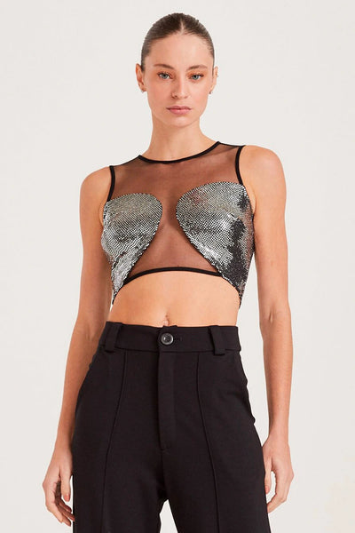 CROPPED REGATA DE PAETÊ COM TRANSPARÊNCIA PRATA