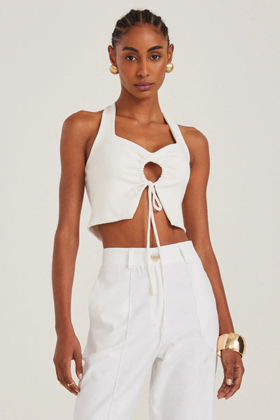 CROPPED REGATA COM AMARRAÇÃO NO PESCOÇO E ABERTURA FRONTAL OFF WHITE