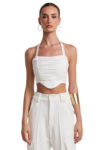 CROPPED DE ALÇA LARGA COM AMARRAÇÃO E BUSTO FRANZIDO OFF WHITE