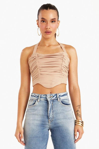 CROPPED DE ALÇA LARGA COM AMARRAÇÃO E BUSTO FRANZIDO KAKI